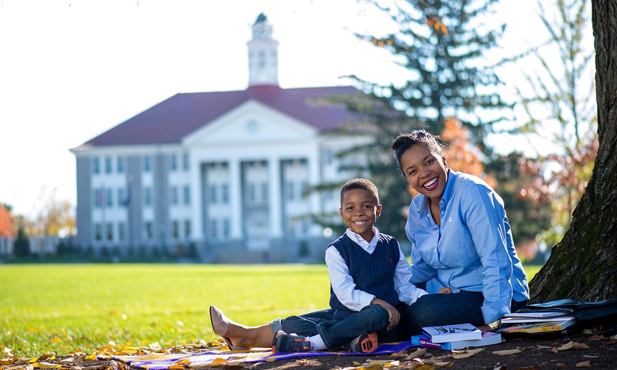 Francesca Leigh-Davis and her son on the JMU Quad