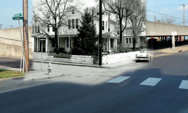 Layered photos of the corner of East Elizabeth and Federal Streets, 1962 and 2013