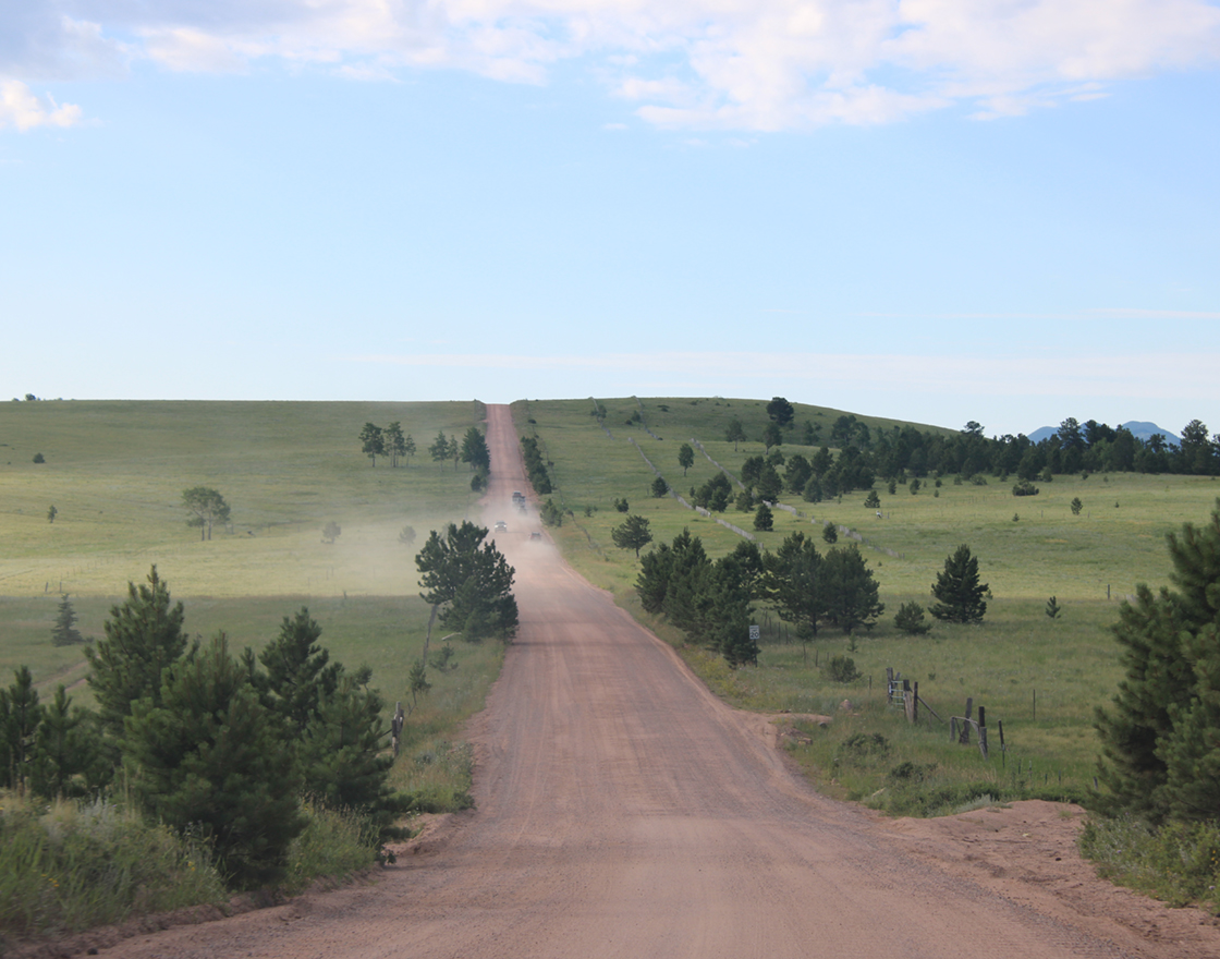 Long dirt road stretching over rolling green hills, lined with scattered trees under a blue sky with light clouds.