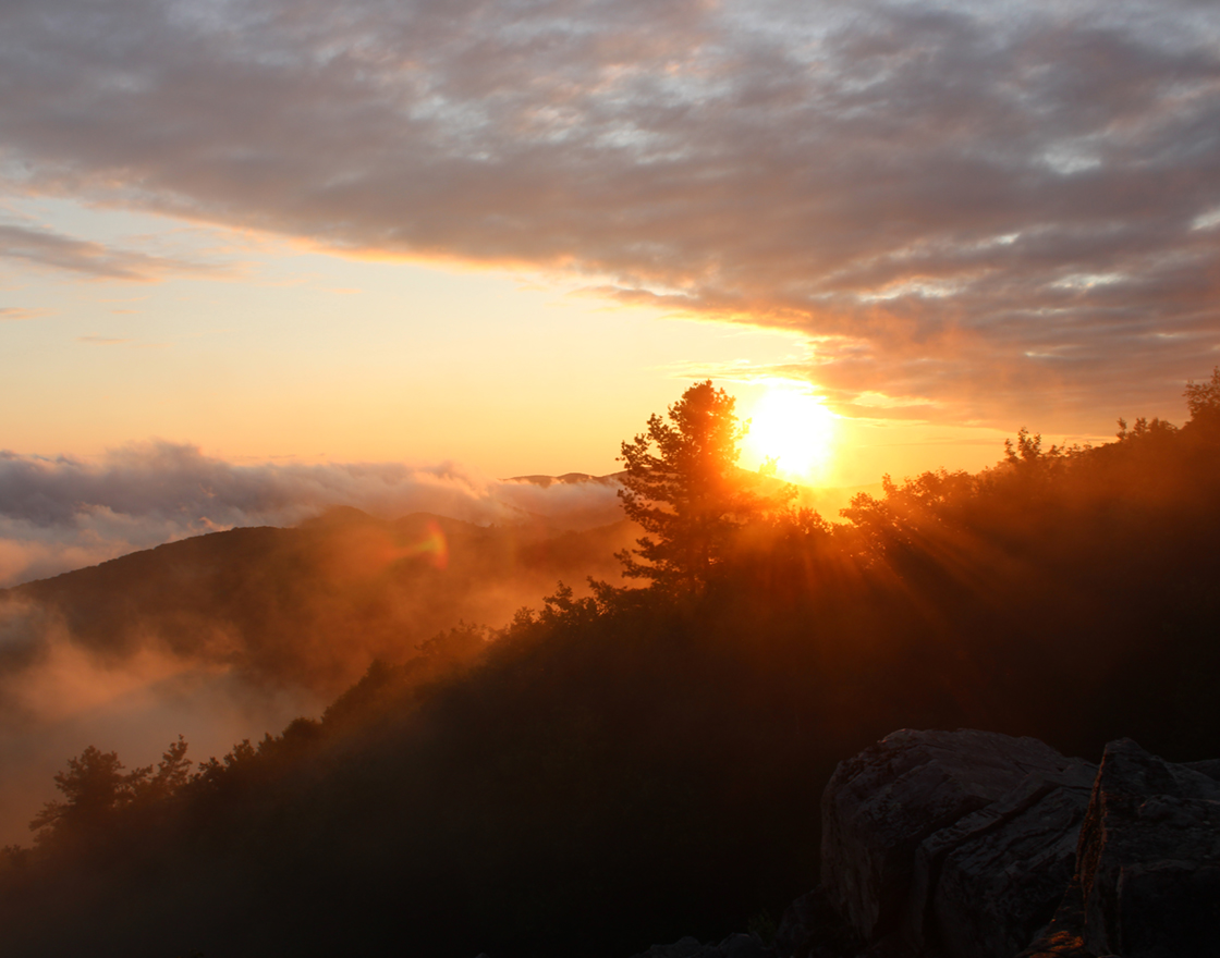 Sunrise over misty mountain ridges, with golden light streaming through clouds and silhouetted pine trees.