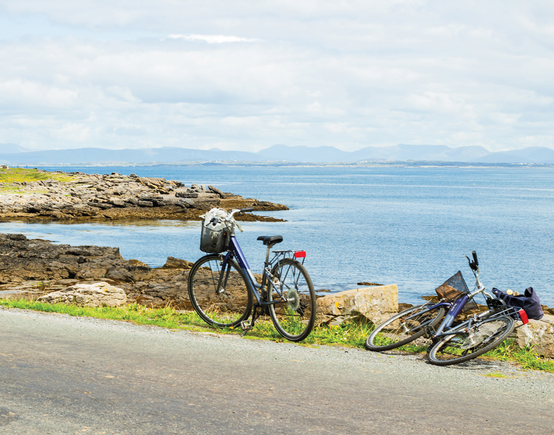 Two bicycles parked by a rocky coastline overlooking calm blue water and distant mountains.