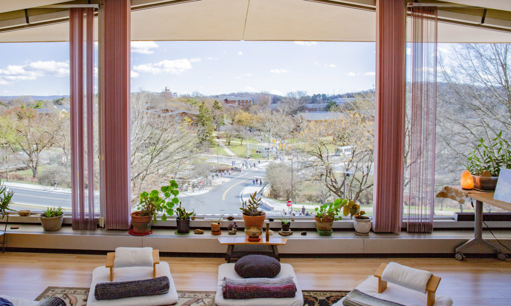 Photograph of the view from the Serenity Center. There are trees, people walking, and streets.