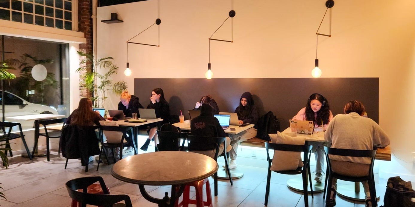 Young adults work on laptops in a busy cafe.