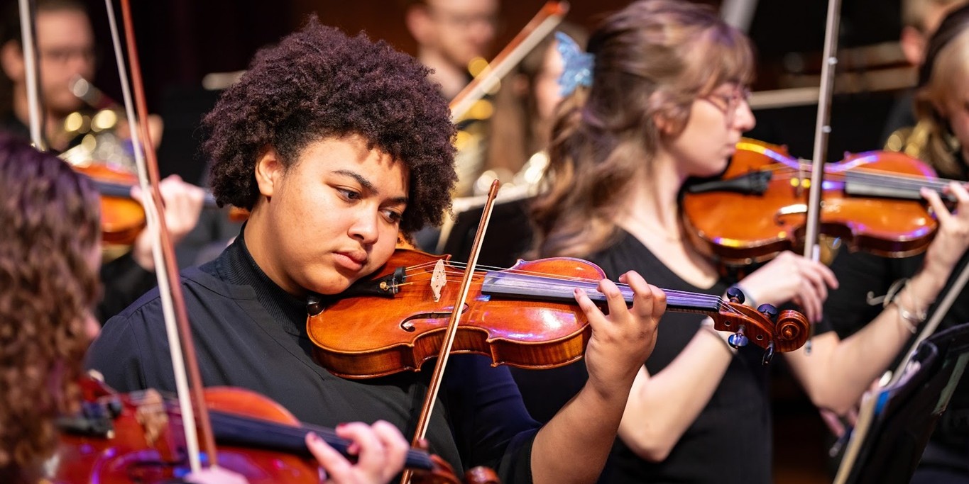 Person playing violin in symphony, many other symphony members around them.