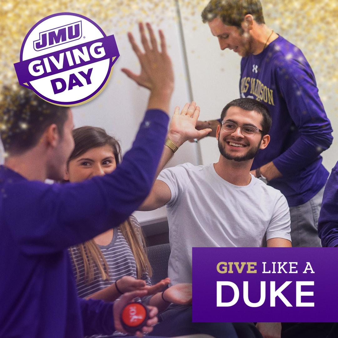 JMU Giving Day promotional graphic featuring students celebrating and encouraging donations with the slogan "Give Like a Duke."