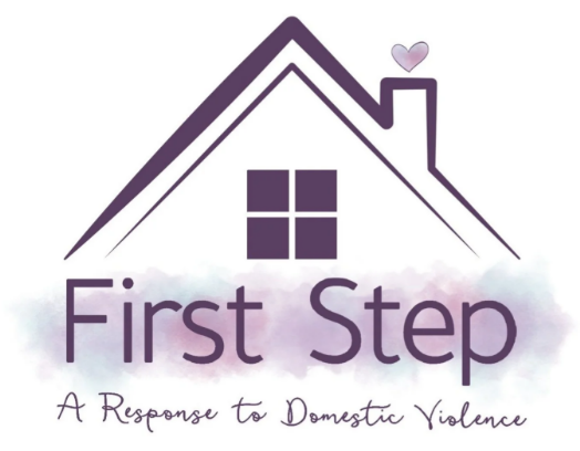 First Step, A Response to Domestic Violence. Purple outline of the roof of a house above text with heart over chimenea