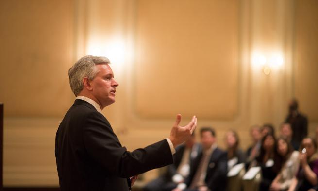 President Alger speaks with guests at New York City listening tour event