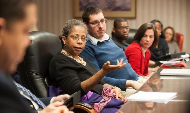 Members of JMU's Diversity Council speak with President Alger