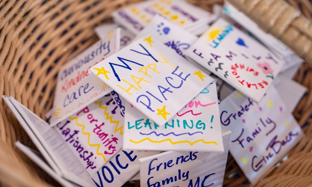 Colorful notes with positive words and phrases, arranged in a basket, representing personal thoughts and reflections on happiness and community.