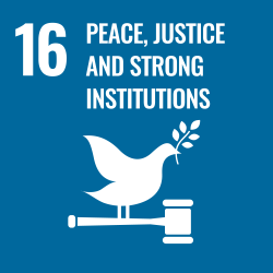 16 Peace, justice and strong institutions. A dove with an olive branch in its beak perched on a gavel