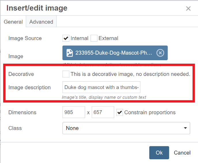 Screenshot of Cascade image editing block with notations on where to edit the alt text for an image