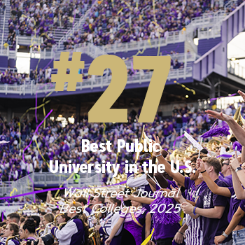 Ranking of #27 for Best Public University in the U.S. according to the Wall Street Journal displayed over a busy background with low color contrast.