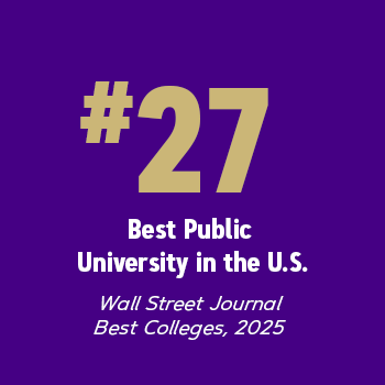 Infographic with high-contrast showing the ranking of #27 for the Best Public University in the U.S. according to the Wall Street Journal's Best Colleges, 2025.