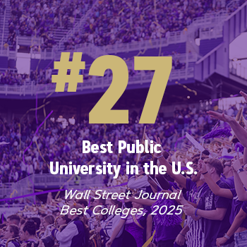 Ranking of #27 for Best Public University in the U.S. according to the Wall Street Journal displayed over a busy background with a purple overlay, providing a higher color contrast.