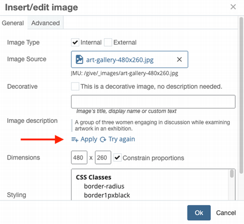 The Insert/edit image dialog box with an arrow pointing to the options to Apply the AI-generated image description or and Try again