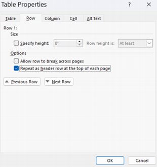 Screenshot of MS Word Table Properties window showing "repeat as header row at the top of each page" checked
