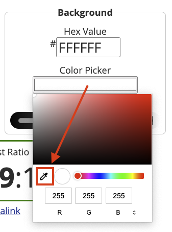 WebAim's color contrast checker with the color picker interface showcasing a hex value input and an arrow pointing to the eyedropper tool.