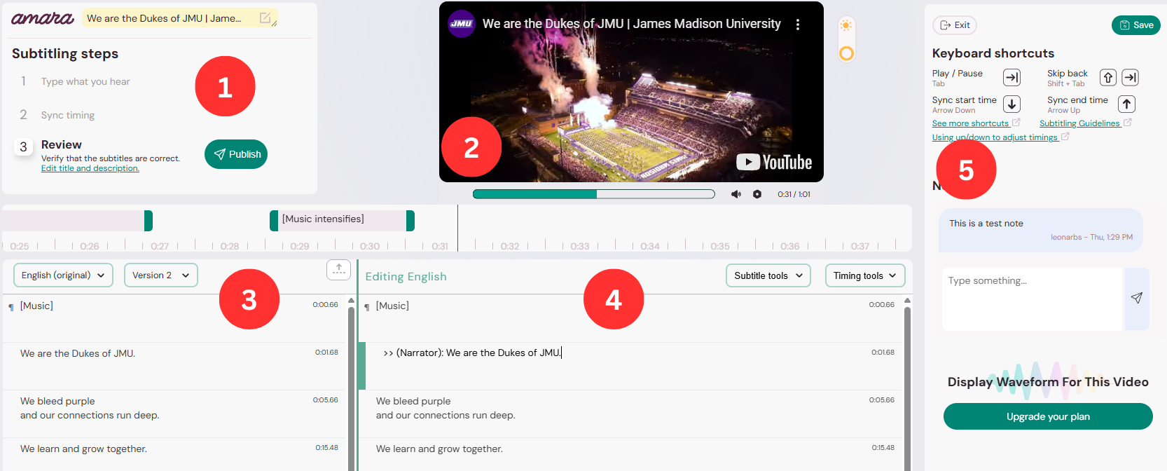 The Amara Caption Editor page. Several areas are labeled. Area 1 in the top left corner is the Subtitling Steps area. Area 2 is the video player in the center top of the screen. Area 3 is in the lower left corner and displays the existing captions. Area 4 is the caption editor, which is below the video player in the center of the screen. Area 5 is on the right side of the screen and contains keyboard shortcut information and a notes section.