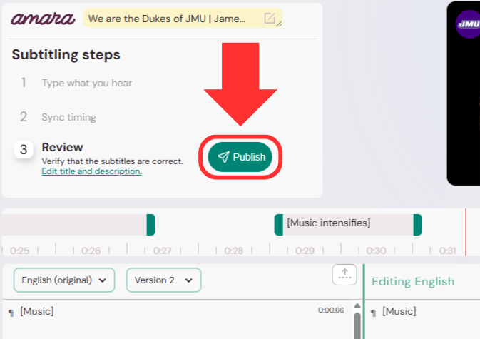 The subtitling steps area of the Amara Caption Editor. An arrow points to the Publish button next to step three.