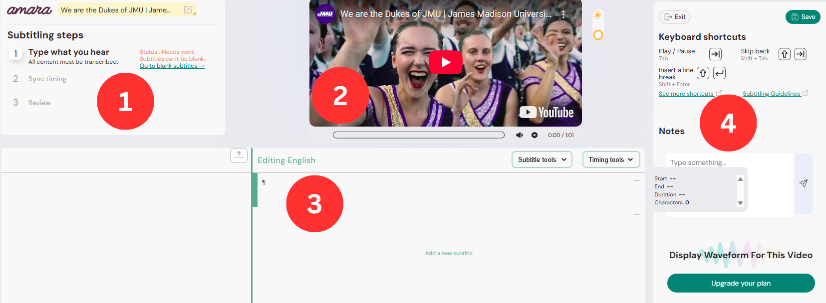 The Amara Caption Editor page. Several areas are labeled. Area 1 in the top left corner is the Subtitling Steps area. Area 2 is the video player in the center top of the screen. Area 3 is the caption editor, which is below the video player in the center of the screen. Area 4 contains keyboard shortcut information and a notes section.