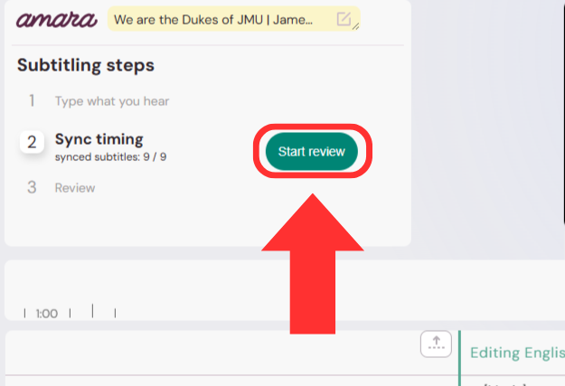 The subtitling steps area of the Amara Caption Editor. An arrow points to the Start review button next to step two.