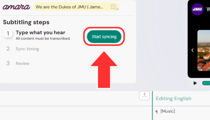 The subtitling steps area of the Amara Caption Editor. An arrow points to the Start syncing button next to step one.