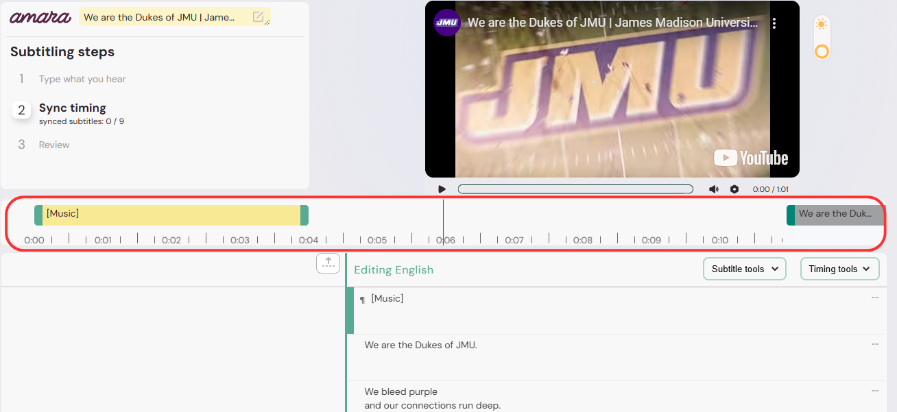 The Amara caption editor page during the syncing process. A timeline has appeared between the video area and the caption editing area.