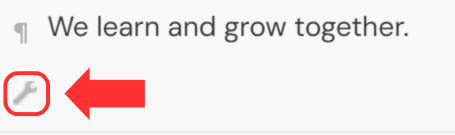 A caption cell in the caption editor section of Amara. An arrow points to a small wrench icon that appears on hover.
