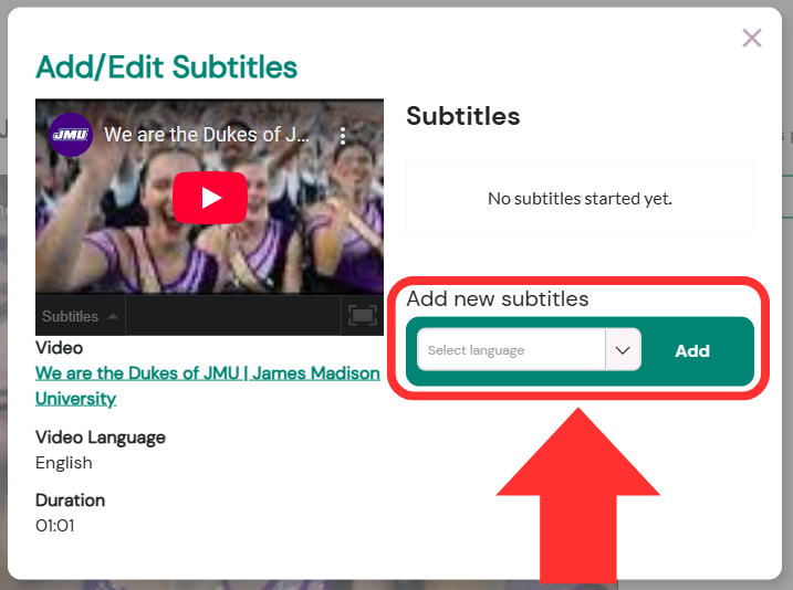 A pop-up that appears in Amara to Add/Edit subtitles. An arrow points to a drop-down menu in the lower right corner that prompts the user to choose a language for the new subtitle track.