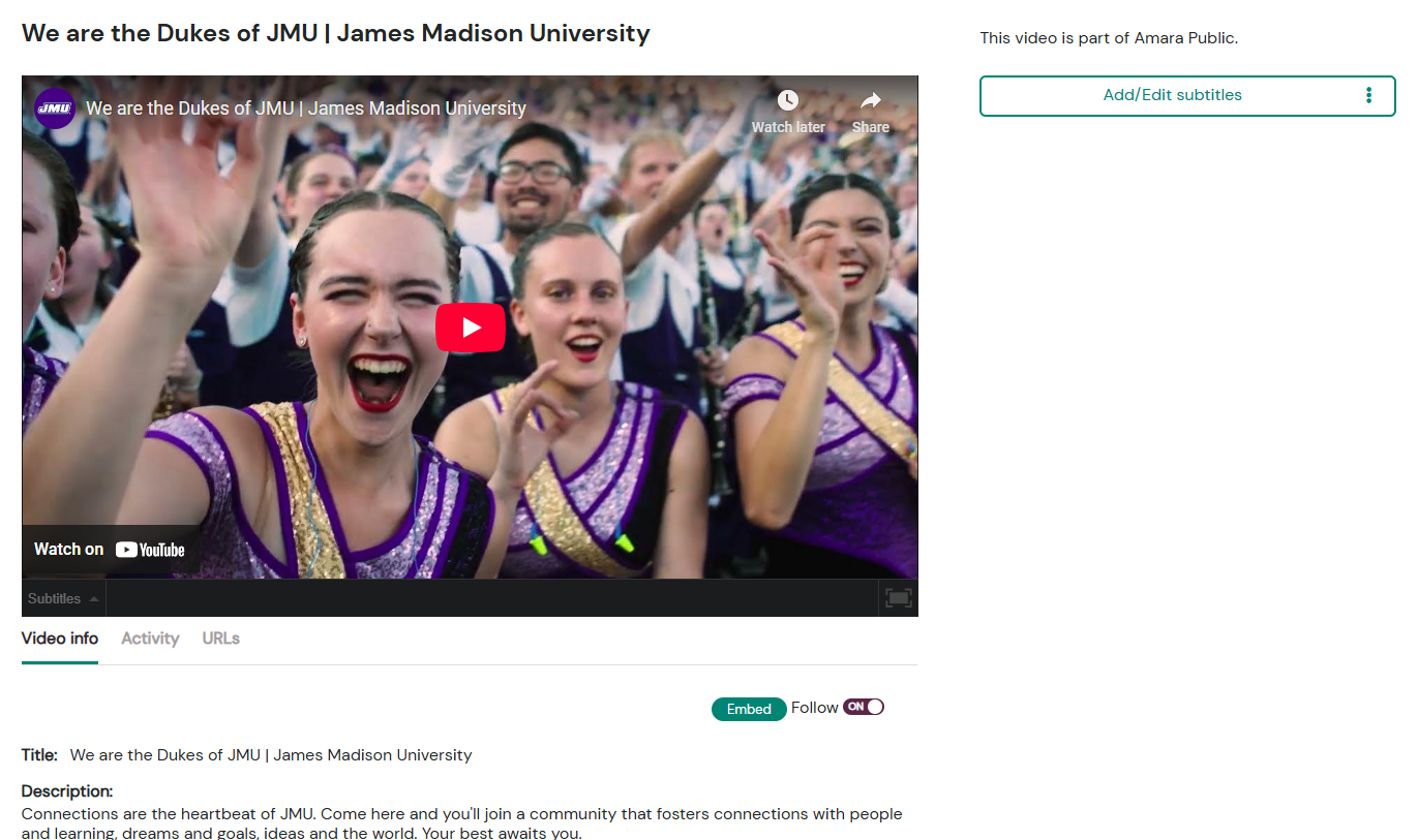 The video page in Amara. This page contains the video player, the title and information pulled from YouTube, and a column of subtitles to the right. The column is empty in this example.