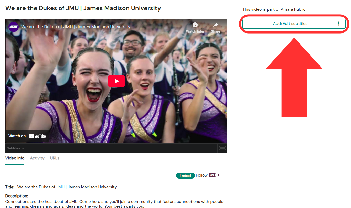 The Amara video page for a video without existing subtitles in Amara. An arrow points to the Add/Edit subtitles button in the right column.