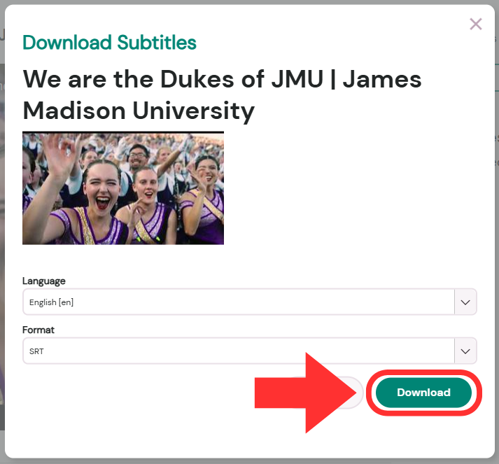 The download subtitles pop-up in Amara. There are two dropdown menus: one for the language and another for the caption file format. An arrow points to the download button. 