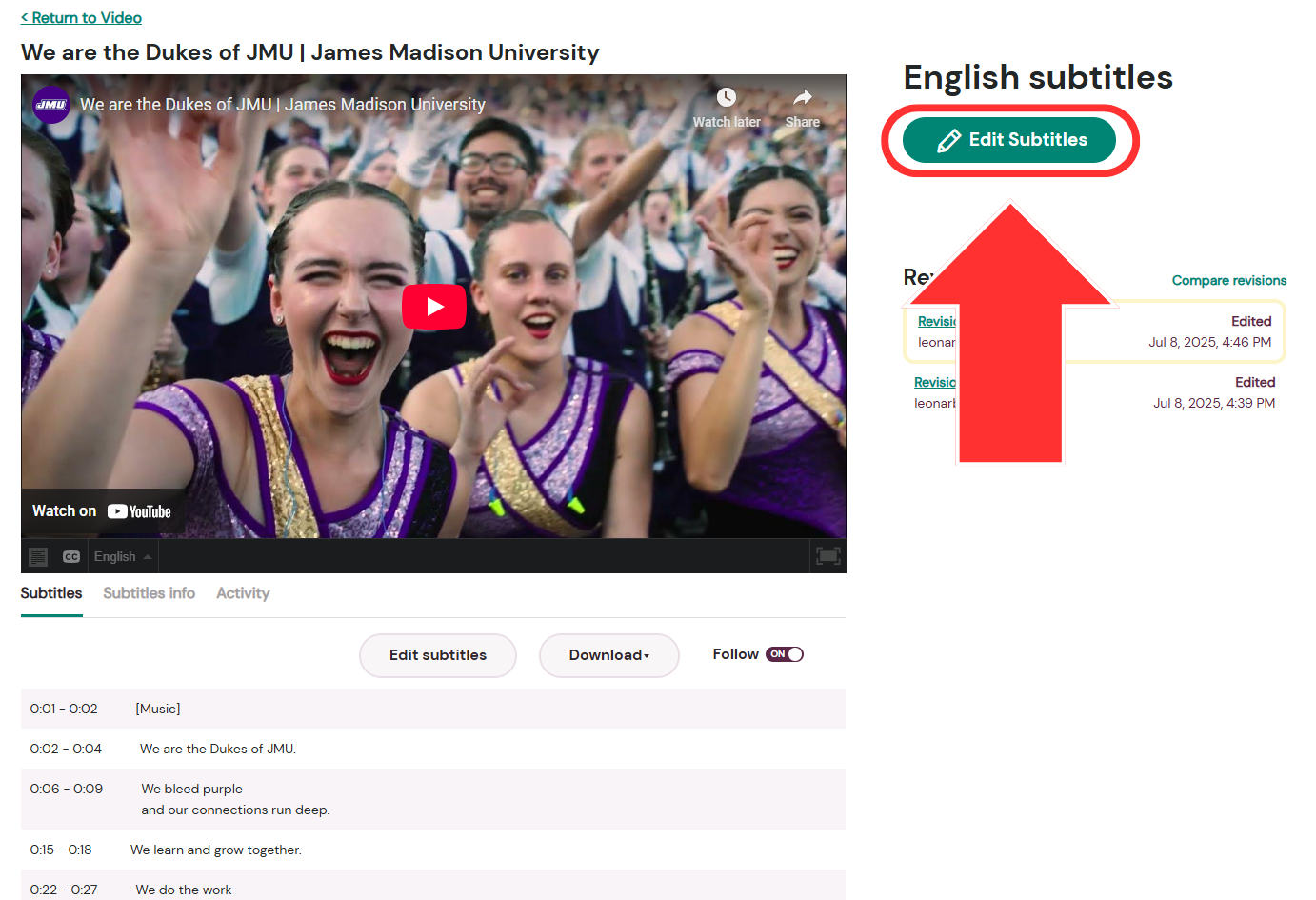 A page detailing the captions available for the chosen language, English. An arrow points to the Edit Subtitles button in the upper right of the English subtitles column.