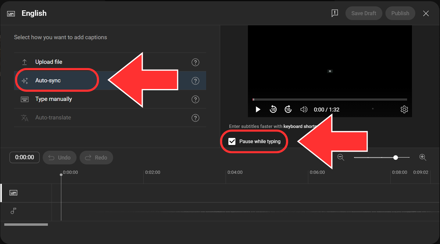 Screenshot of the YouTube captioning interface. An arrow points to the auto-sync choice and a second arrow points to the pause while typing option.