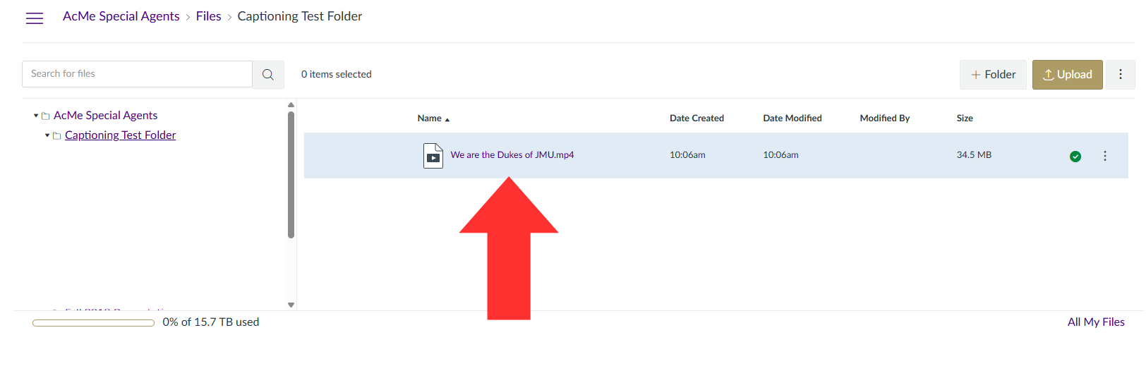 A canvas course’s files section. An arrow is pointing to a video file.