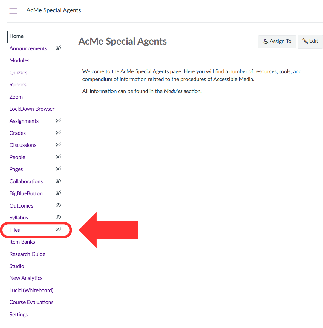 A canvas course homepage with an arrow pointing to the “Files” link in the left navigation menu.