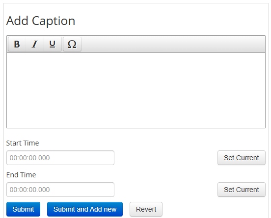 The Add Caption section of the Caption Creator. A text box appears with areas to edit caption text and start and end timings.