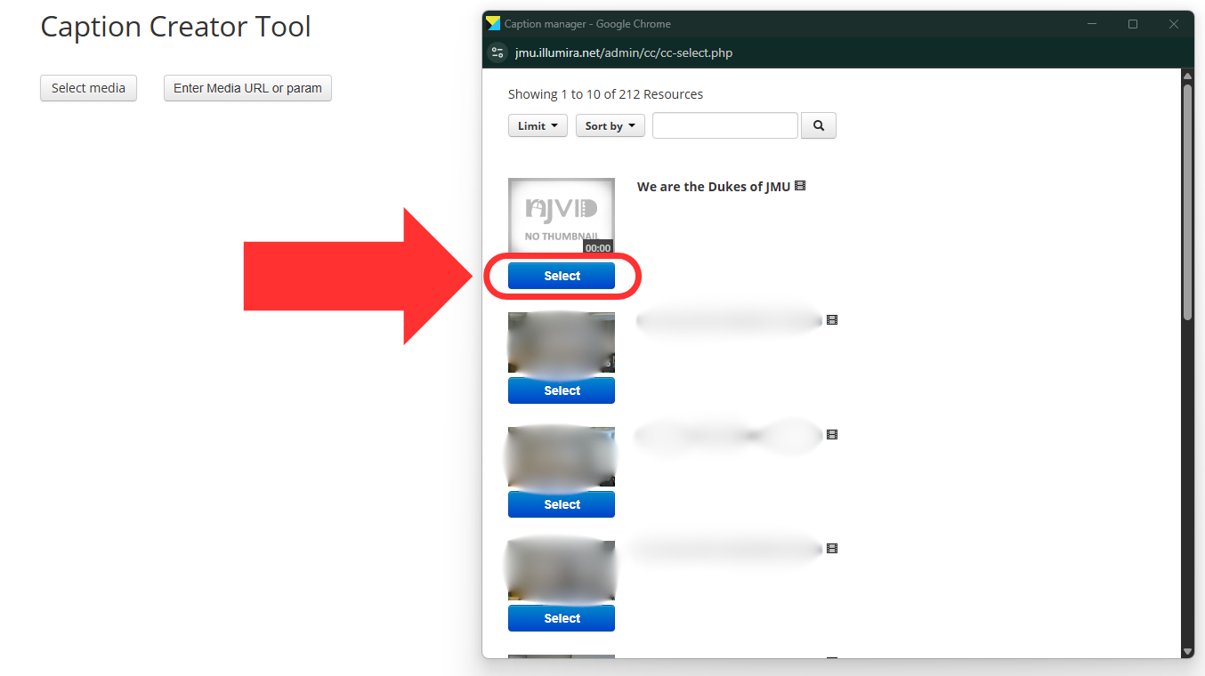 The Illumira Caption Creator Tool video selection window. Several videos appear in a list. An arrow points to the first video’s select button.