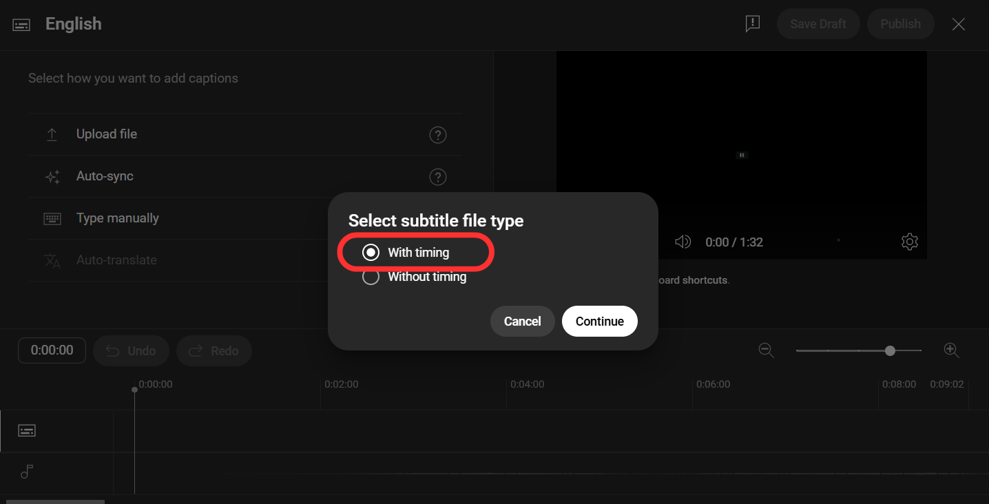 YouTube Studio's captioning interface for uploading a file. The "with timing" option is circled.