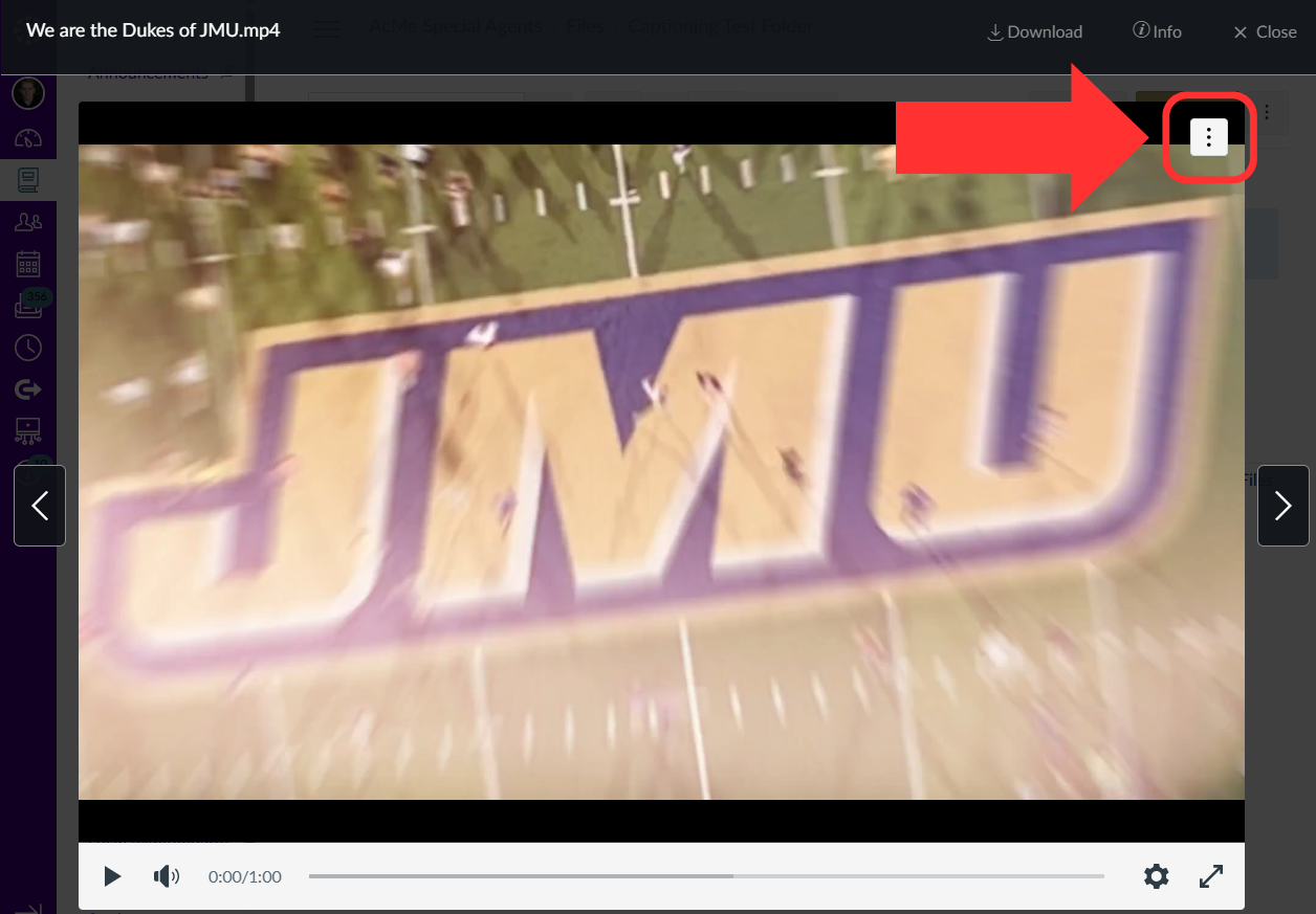 The preview screen for a video in Canvas Files. There is an arrow pointing to the hamburger menu in the top right corner of the video player.
