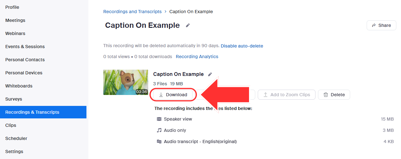 The JMU Zoom portal page for an individual cloud recording. The download button is circled with an arrow pointing to it.