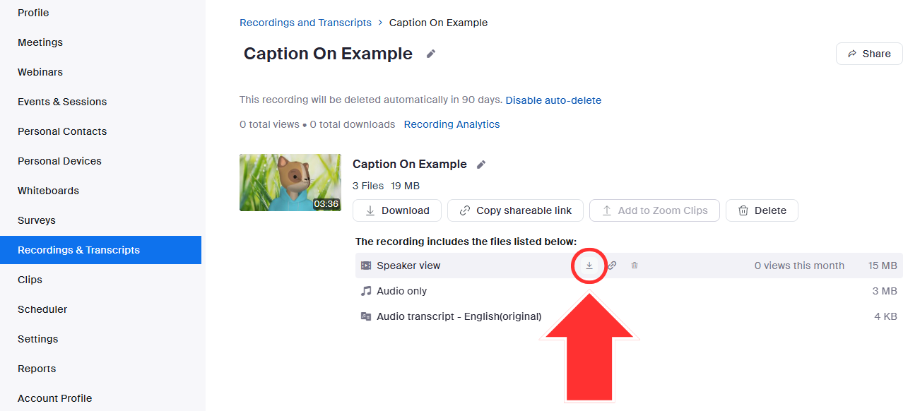 The JMU Zoom portal page for an individual cloud recording. Several files that make up the recording are listed. One is being hovered over and several options have appeared. An arrow points to the download option for the Speaker view video file.