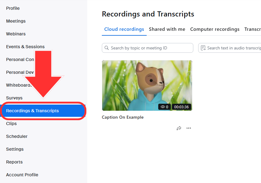 The JMU Zoom portal recordings and transcripts page. An arrow points to the Recordings & Transcripts option in the left navigation menu.