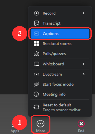 The more button in the Zoom meeting control bar has been clicked and is displaying a menu. The Captions option is circled.