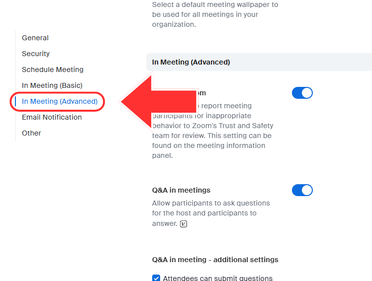 The JMU Zoom portal Meetings page. Secondary left navigation is shown, with an arrow pointing to the In Meeting (advanced) option.