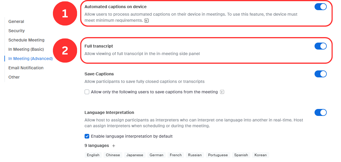 The JMU Zoom portal Meetings page. Two settings are highlighted: 1. automated captions on device and 2. Full transcript.
