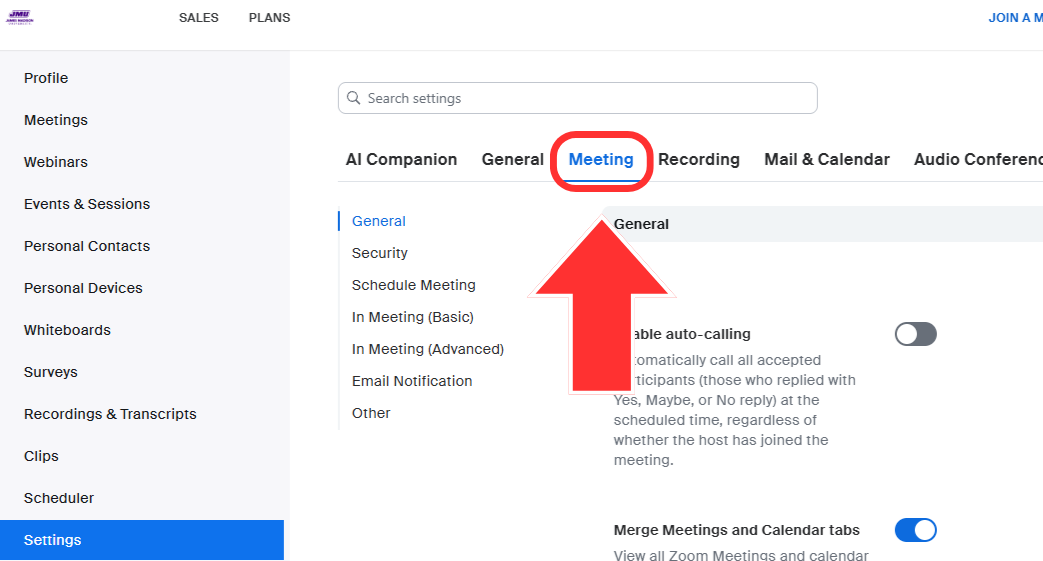 The JMU Zoom portal settings page. The meeting tab in the header navigation is circled and an arrow points to it.