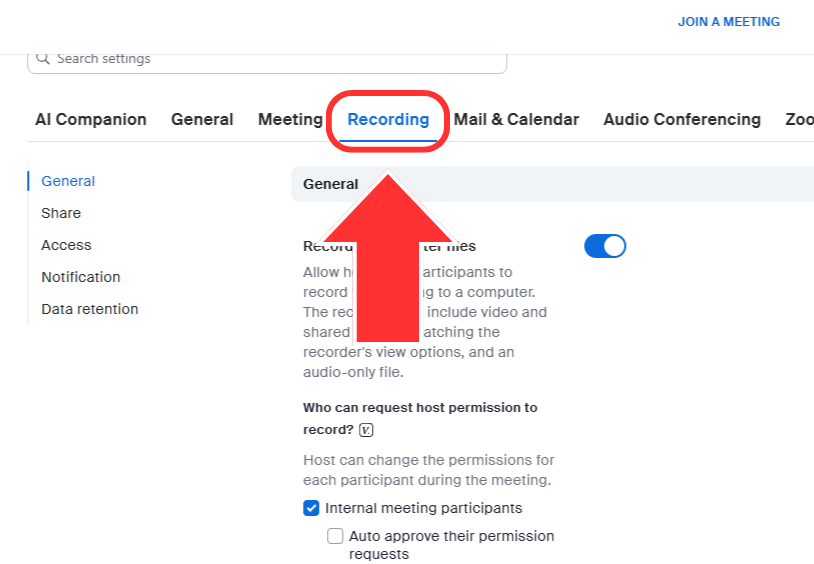 The JMU Zoom portal settings page. The recording tab in the header navigation is circled and an arrow points to it.
