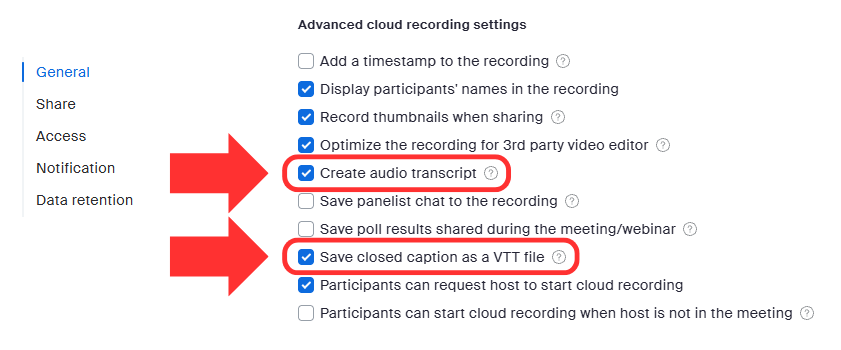 The JMU Zoom portal recording settings page. Arrows point to two settings: create audio transcript and save closed caption as a VTT file. 