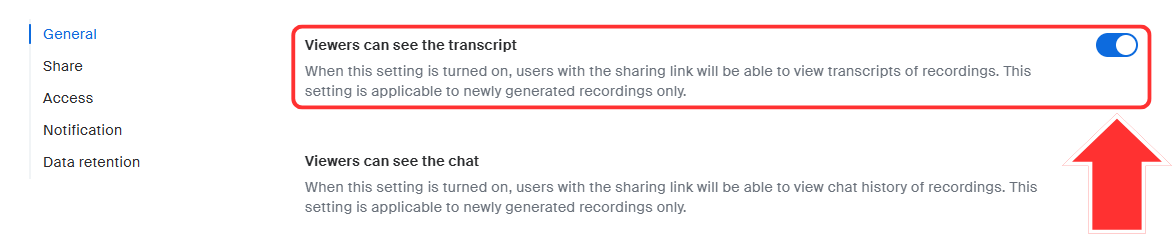 The JMU Zoom portal recording settings page. An arrow points to the slider button next to the viewers can see the transcript option.